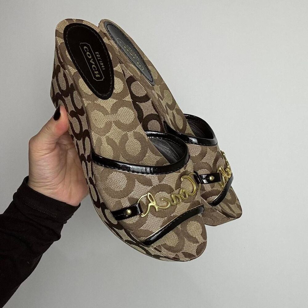 Coach Vintage Y2K Brown Signature C Monogram Canvas and Leather Wedge Sandals